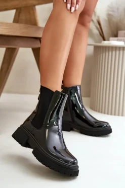 Lakierowane Botki Sztyblety Na Zamek Ocieplane Czarne Groesta