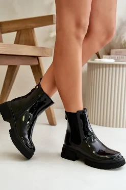 Lakierowane Botki Sztyblety Na Zamek Ocieplane Czarne Groesta