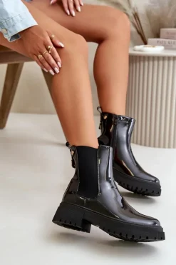 Lakierowane Botki Sztyblety Na Zamek Ocieplane Czarne Groesta