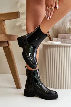 Lakierowane Botki Sztyblety Na Zamek Ocieplane Czarne Groesta