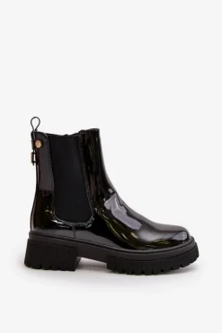 Lakierowane Botki Sztyblety Na Zamek Ocieplane Czarne Groesta