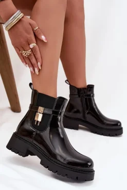 Lakierowane Botki Sztyblety Ocieplane Ze Złotym Detalem Czarne Talyra