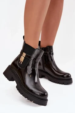 Lakierowane Botki Sztyblety Ocieplane Ze Złotym Detalem Czarne Talyra