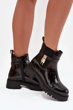 Lakierowane Botki Sztyblety Ocieplane Ze Złotym Detalem Czarne Talyra