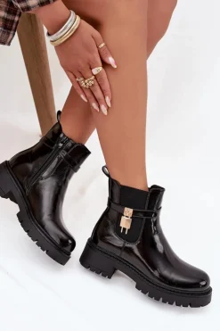Lakierowane Botki Sztyblety Ocieplane Ze Złotym Detalem Czarne Talyra
