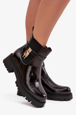 Lakierowane Botki Sztyblety Ocieplane Ze Złotym Detalem Czarne Talyra