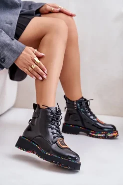 Lakierowane Botki Trapery Damskie Na Zamek Skórzane Artiker 55C0517 Czarne