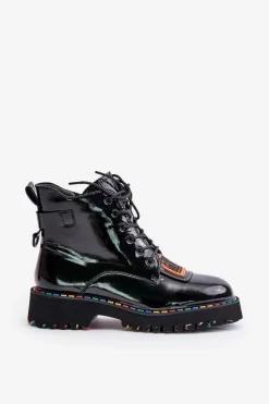 Lakierowane Botki Trapery Damskie Na Zamek Skórzane Artiker 55C0517 Czarne