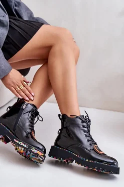 Lakierowane Botki Trapery Damskie Na Zamek Skórzane Artiker 55C0517 Czarne