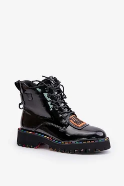 Lakierowane Botki Trapery Damskie Na Zamek Skórzane Artiker 55C0517 Czarne