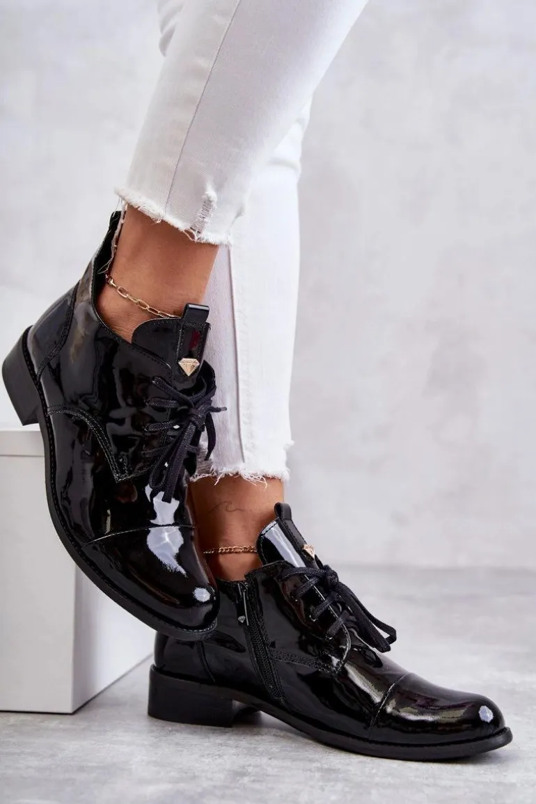 Lakierowane Botki Trzewiki Sznurowane Nicole 2781 Czarne