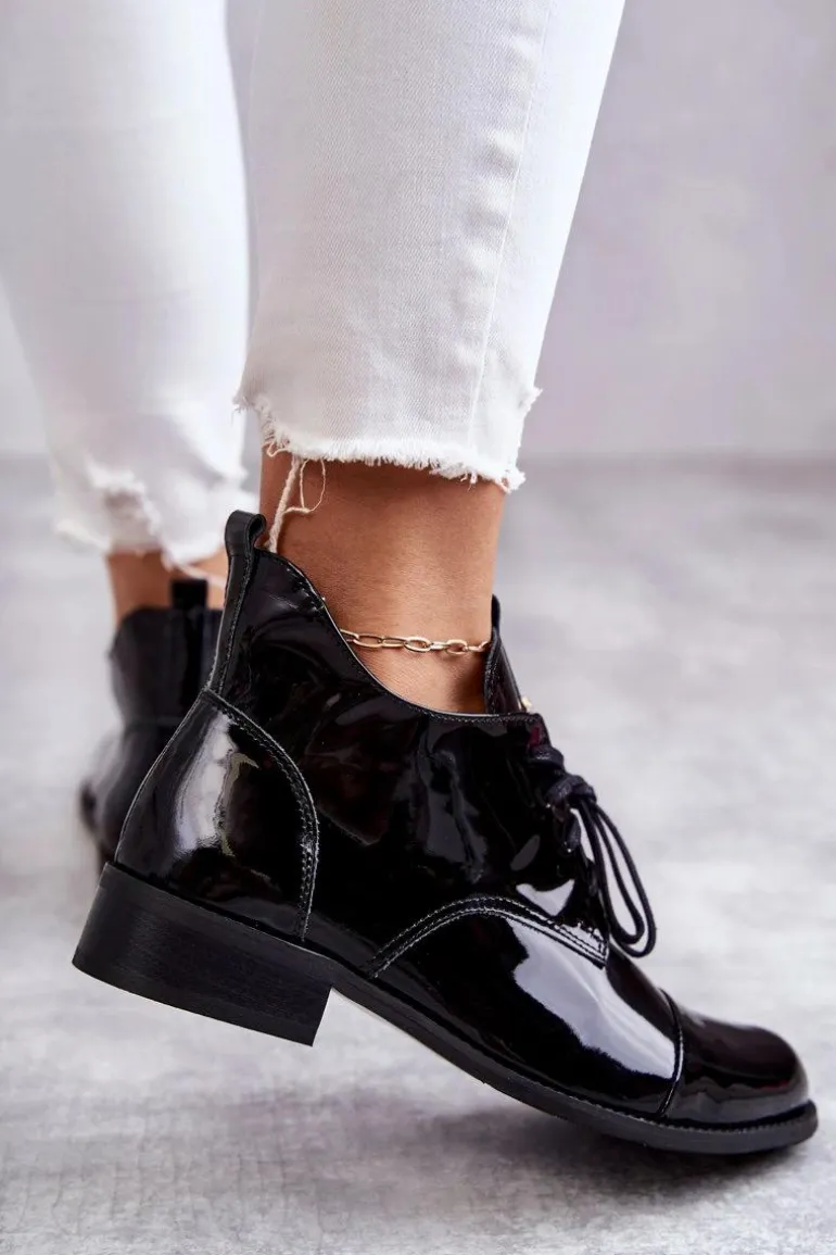 Lakierowane Botki Trzewiki Sznurowane Nicole 2781 Czarne