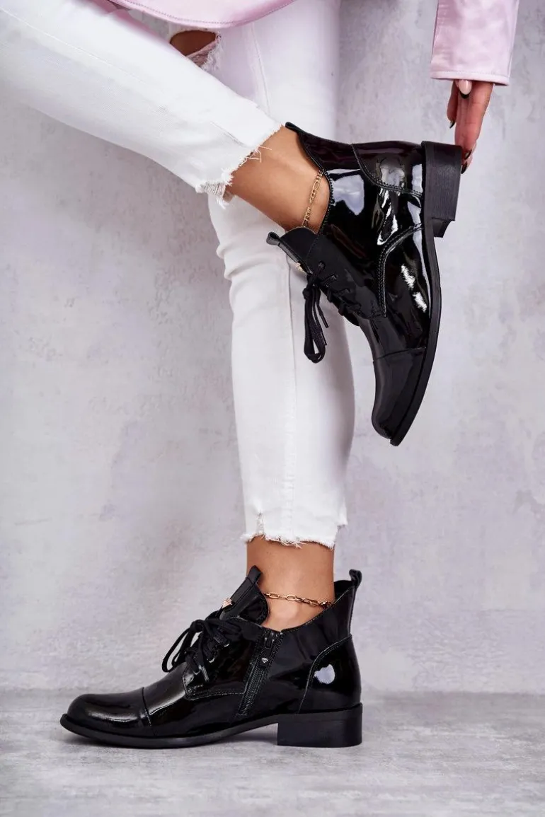 Lakierowane Botki Trzewiki Sznurowane Nicole 2781 Czarne