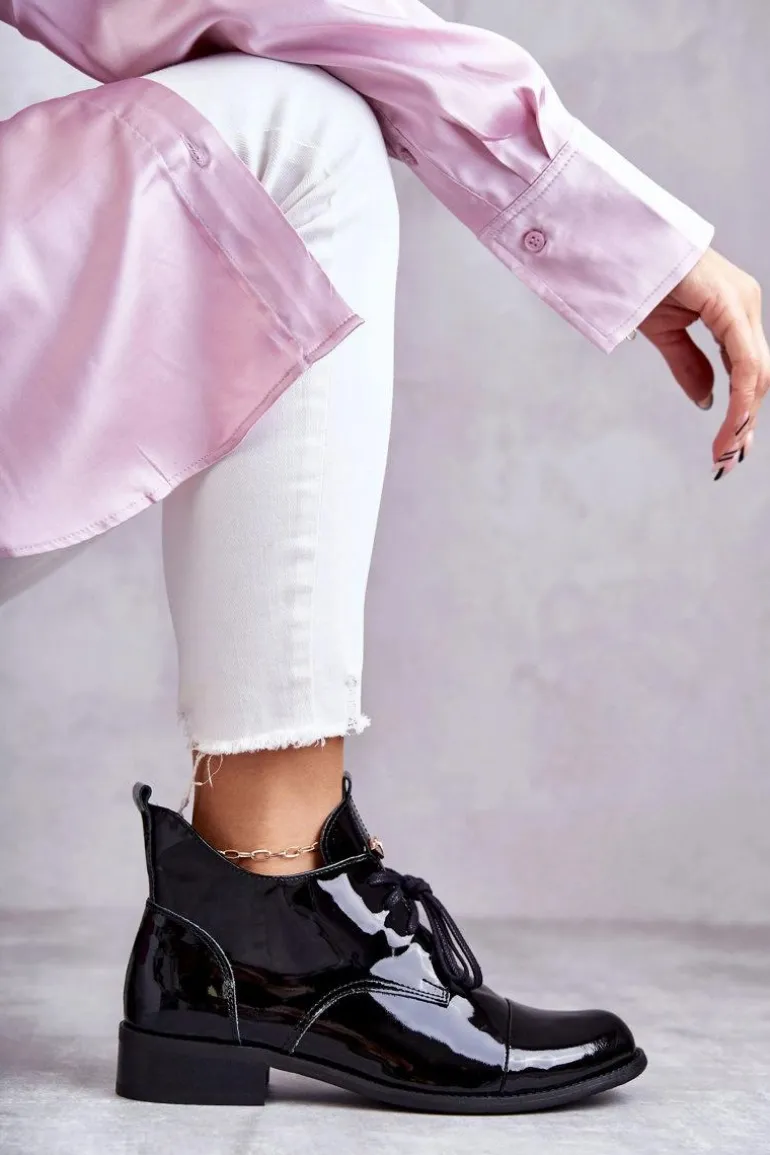 Lakierowane Botki Trzewiki Sznurowane Nicole 2781 Czarne