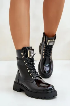 Lakierowane Botki Workery Ocieplane Z Ozdobą Czarne Depisa