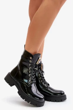 Lakierowane Botki Workery Ocieplane Z Ozdobą Czarne Depisa