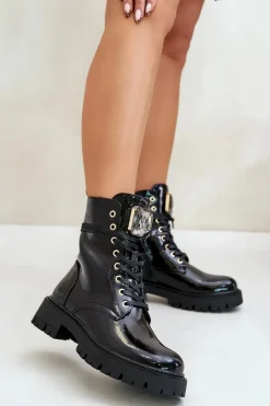 Lakierowane Botki Workery Ocieplane Z Ozdobą Czarne Depisa