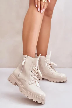 Lakierowane Botki Workery Damskie Ocieplane Z Napisami Beżowe Zinfreya