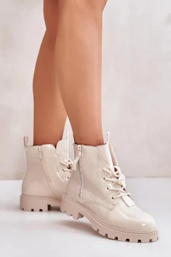 Lakierowane Botki Workery Damskie Ocieplane Z Napisami Beżowe Zinfreya