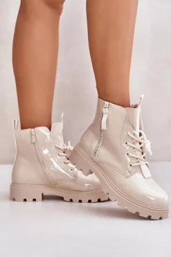 Lakierowane Botki Workery Damskie Ocieplane Z Napisami Beżowe Zinfreya