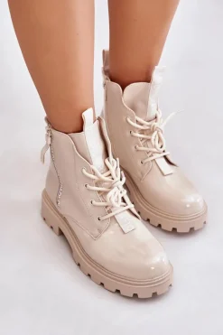 Lakierowane Botki Workery Damskie Ocieplane Z Napisami Beżowe Zinfreya