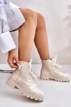 Lakierowane Botki Workery Damskie Ocieplane Z Napisami Beżowe Zinfreya