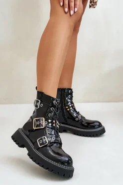 Lakierowane Botki Workery Z Klamrami Czarne Serizia