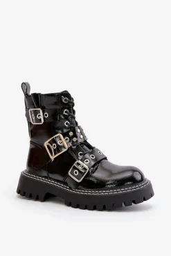 Lakierowane Botki Workery Z Klamrami Czarne Serizia