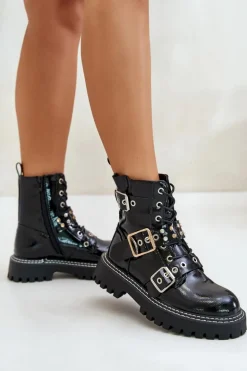 Lakierowane Botki Workery Z Klamrami Czarne Serizia