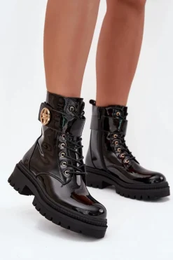 Lakierowane Botki Workery Damskie Ze Złotym Detalem Ocieplane Czarne Fiorena