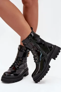 Lakierowane Botki Workery Damskie Ze Złotym Detalem Ocieplane Czarne Fiorena