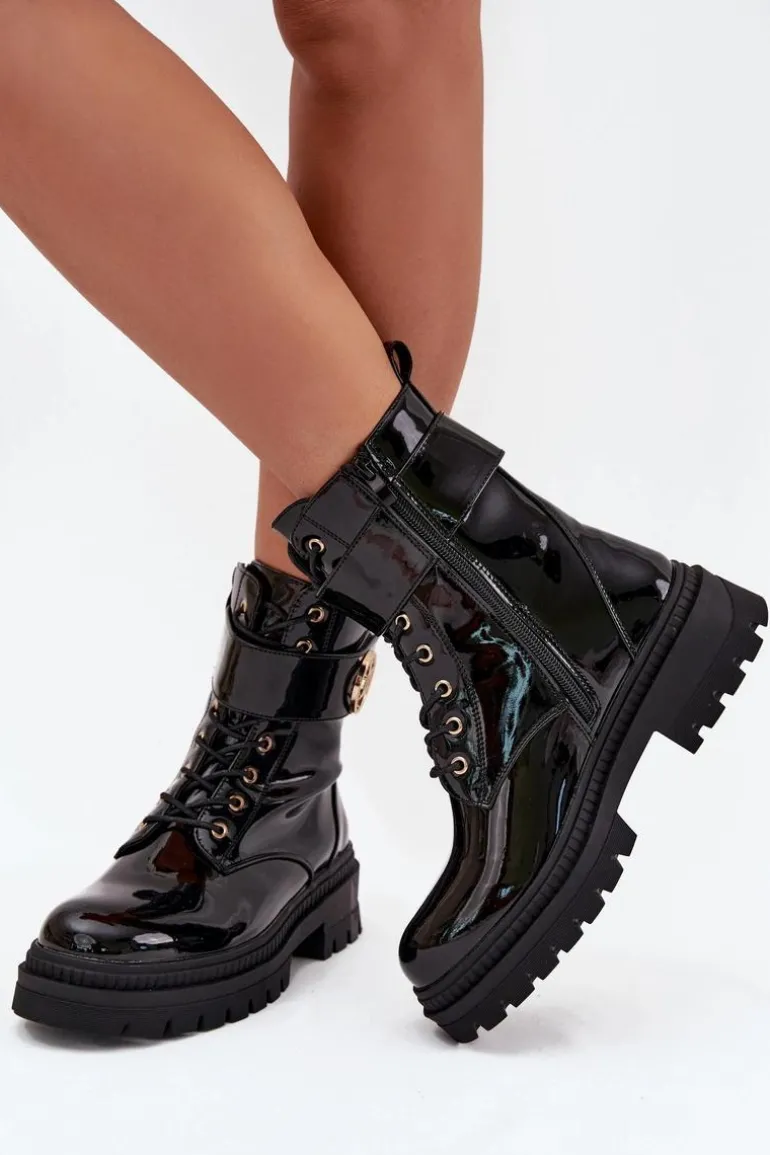 Lakierowane Botki Workery Damskie Ze Złotym Detalem Ocieplane Czarne Fiorena