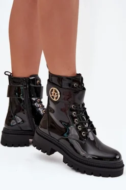 Lakierowane Botki Workery Damskie Ze Złotym Detalem Ocieplane Czarne Fiorena