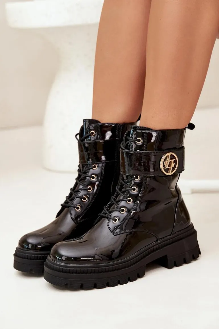 Lakierowane Botki Workery Damskie Ze Złotym Detalem Ocieplane Czarne Fiorena