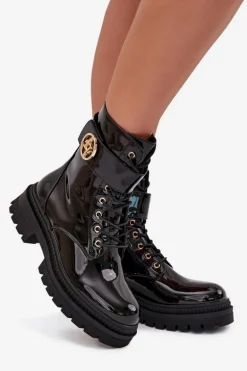 Lakierowane Botki Workery Damskie Ze Złotym Detalem Ocieplane Czarne Fiorena