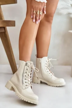 Lakierowane Botki Workery Na Zamek Ocieplane Beżowe Ravanthia