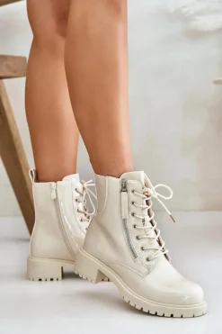 Lakierowane Botki Workery Na Zamek Ocieplane Beżowe Ravanthia