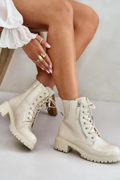 Lakierowane Botki Workery Na Zamek Ocieplane Beżowe Ravanthia