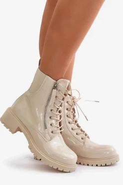 Lakierowane Botki Workery Na Zamek Ocieplane Beżowe Ravanthia