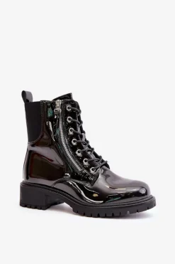 Lakierowane Botki Workery Na Zamek Ocieplane Czarne Ravanthia