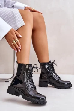 Lakierowane Botki Workery Na Zamek Ocieplane Czarne Ravanthia