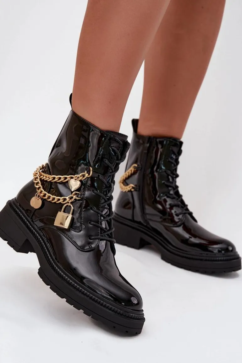 Lakierowane Botki Workery Damskie Ze Złotym Łańcuchem Ocieplane Czarne Sarinae