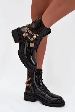 Lakierowane Botki Workery Damskie Ze Złotym Łańcuchem Ocieplane Czarne Sarinae