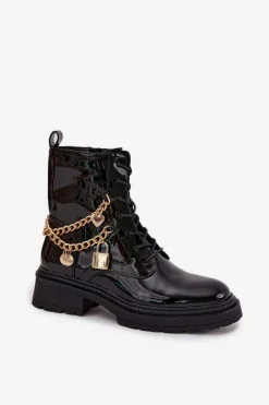 Lakierowane Botki Workery Damskie Ze Złotym Łańcuchem Ocieplane Czarne Sarinae