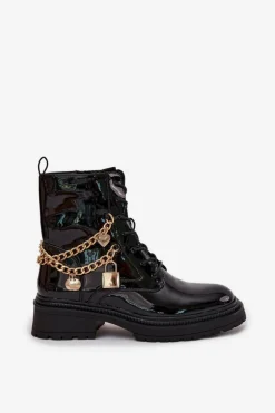 Lakierowane Botki Workery Damskie Ze Złotym Łańcuchem Ocieplane Czarne Sarinae