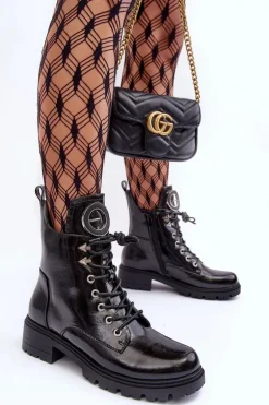 Lakierowane Botki Workery Z Ozdobą Czarne Emmber