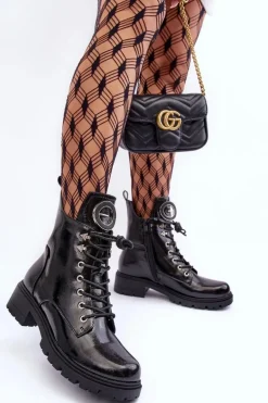 Lakierowane Botki Workery Z Ozdobą Czarne Emmber