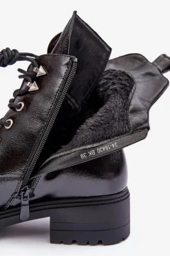 Lakierowane Botki Workery Z Ozdobą Czarne Emmber