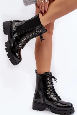 Lakierowane Botki Workery Damskie Czarne Charmea