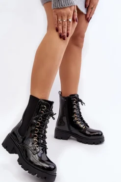 Lakierowane Botki Workery Damskie Czarne Charmea